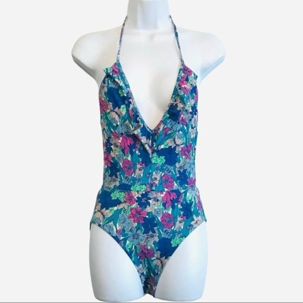 Topshop Women's Open Back Halter Floral One Piece Swimsuit  Size 2